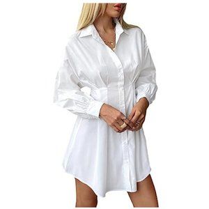 Women's Button Up Long Sleeve Mini T Shirt Dress Lapel Collar